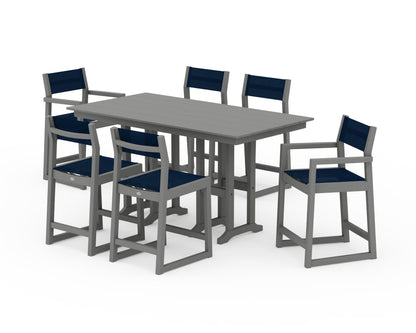 POLYWOOD® EDGE Sling 7-Piece Farmhouse Counter Set with Trestle Legs in Slate Grey / Navy Blue Sling