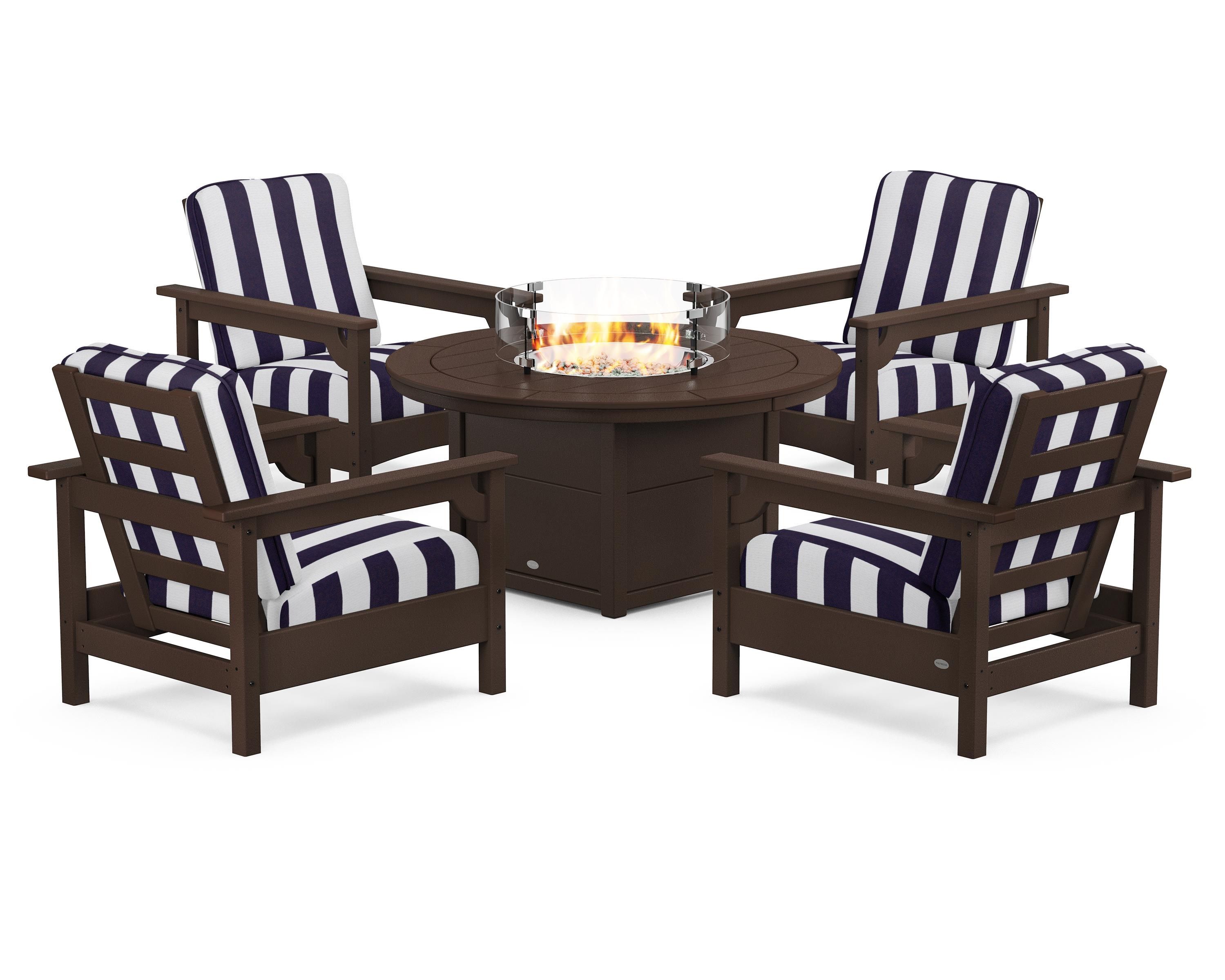 POLYWOOD® Club 5-Piece Conversation Set with Fire Pit Table in Mahogany / Cabana Stripe Navy