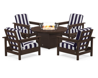 POLYWOOD® Club 5-Piece Conversation Set with Fire Pit Table in Mahogany / Cabana Stripe Navy