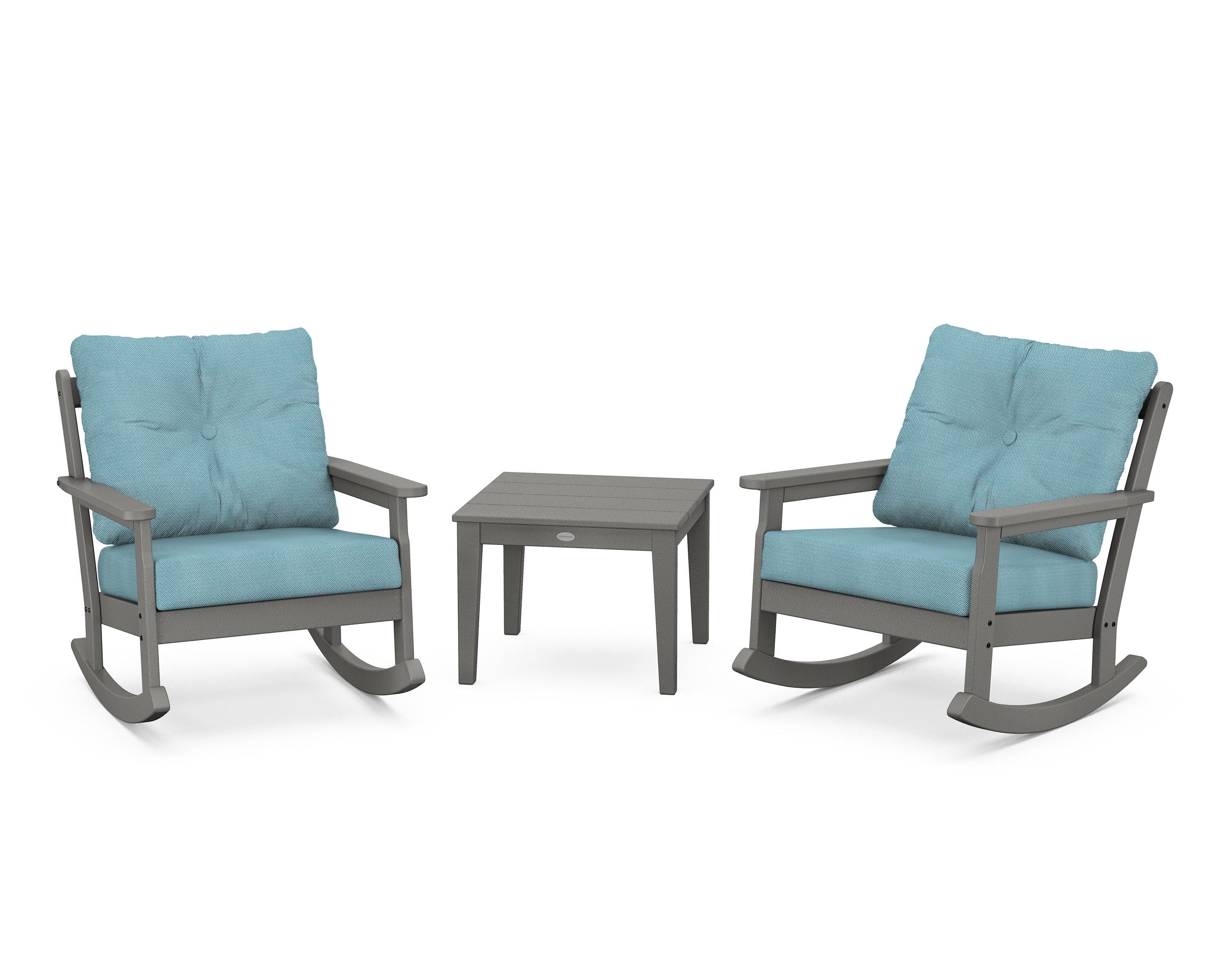 POLYWOOD® Vineyard 3-Piece Deep Seating Rocker Set in Slate Grey / Lattice Sky Blue