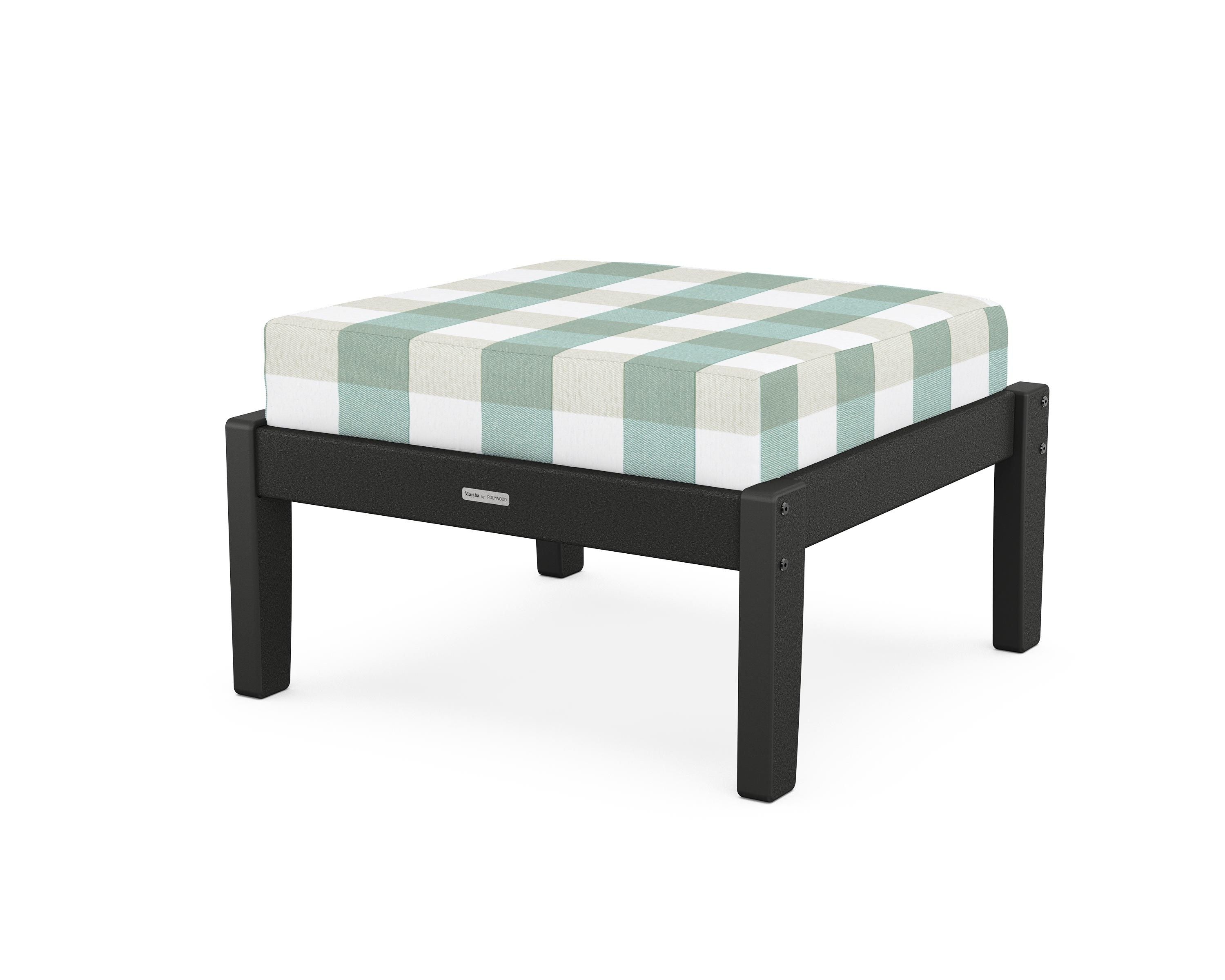 Martha Stewart by POLYWOOD® Chinoiserie Deep Seating Ottoman in Black / Buffalo Plaid Glacier Spa