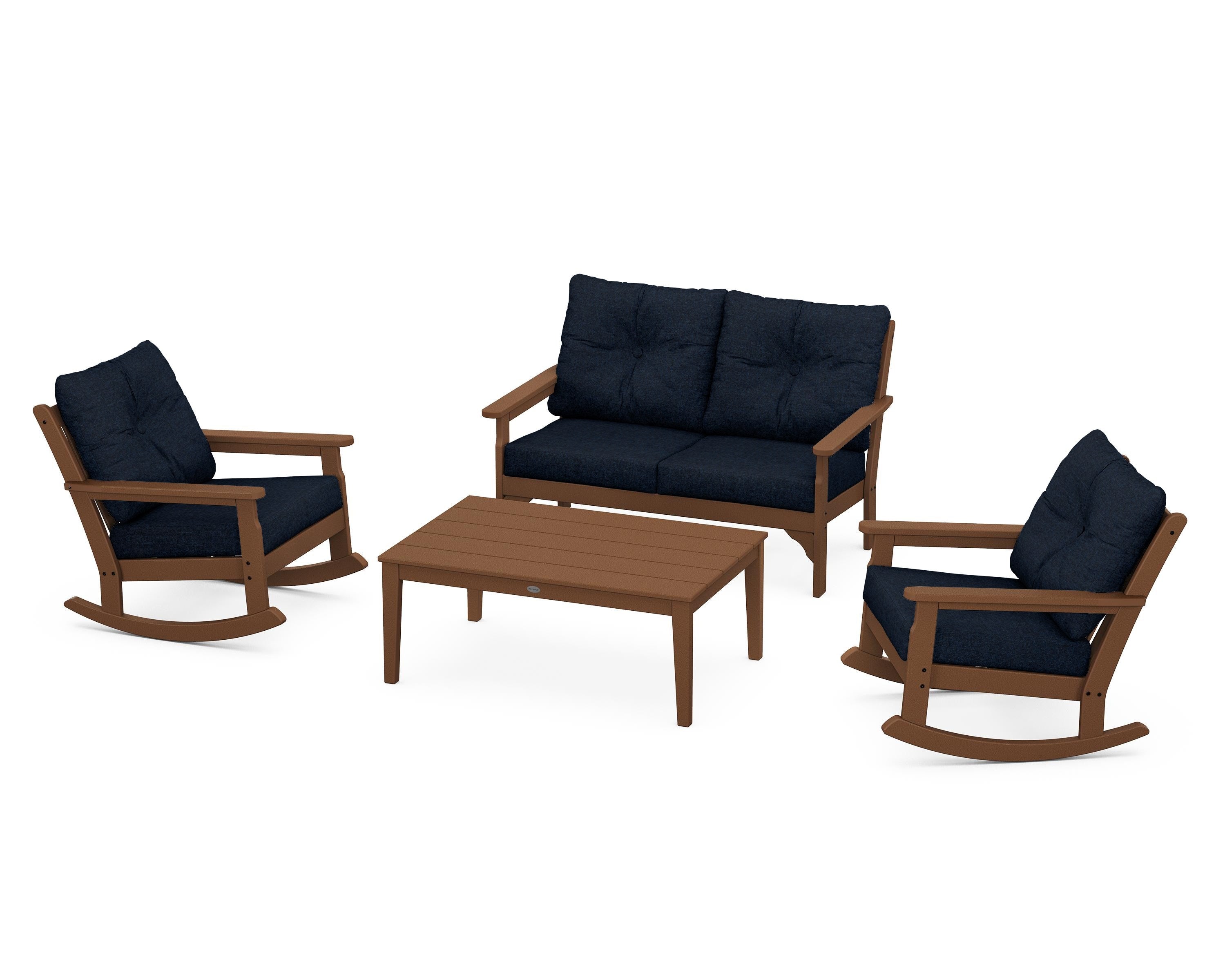 POLYWOOD® Vineyard 4-Piece Deep Seating Rocking Chair Set in Teak / Marine Indigo