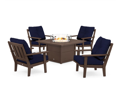 POLYWOOD® Oxford 5-Piece Deep Seating Set with Fire Pit Table in Mahogany / Navy
