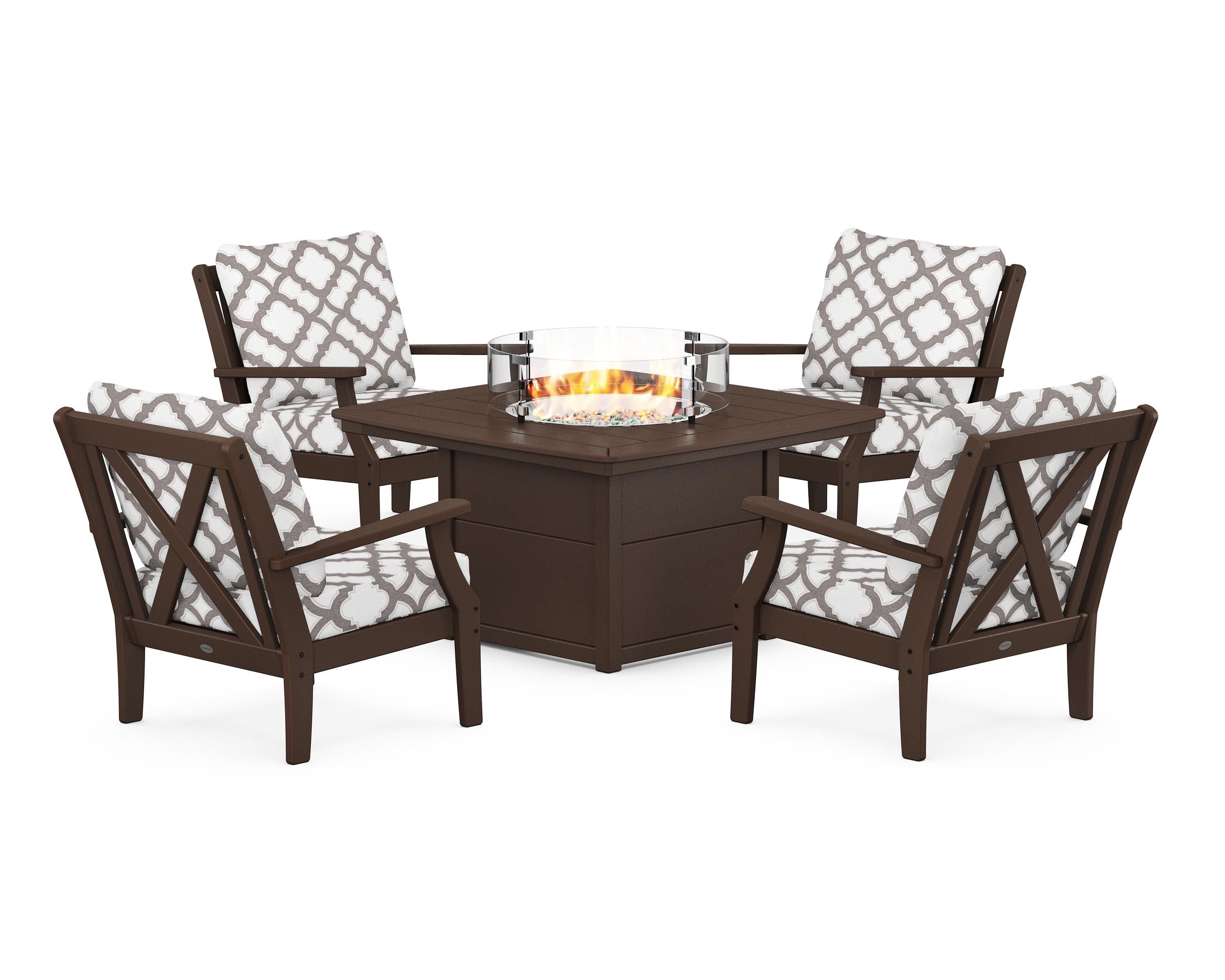 POLYWOOD® Braxton 5-Piece Deep Seating Conversation Set with Fire Pit Table in Mahogany / Trellis Grey Mist