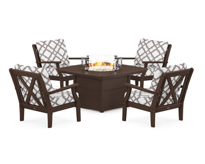 POLYWOOD® Braxton 5-Piece Deep Seating Conversation Set with Fire Pit Table in Mahogany / Trellis Grey Mist