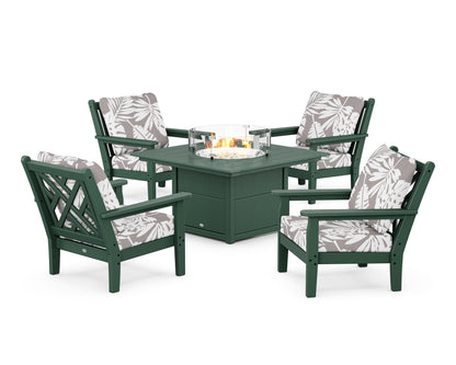 POLYWOOD® Chippendale 5-Piece Deep Seating Set with Fire Pit Table in Green / Leaf Grey Mist