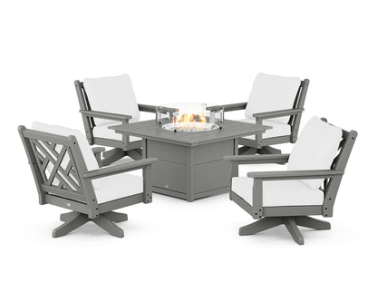 POLYWOOD® Chippendale 5-Piece Deep Seating Swivel Conversation Set with Fire Pit Table in Slate Grey / Natural