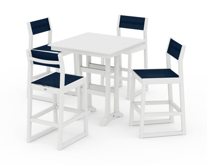 POLYWOOD® EDGE Sling Arm Chair 5-Piece Farmhouse Bar Set with Trestle Legs in White / Navy Blue Sling