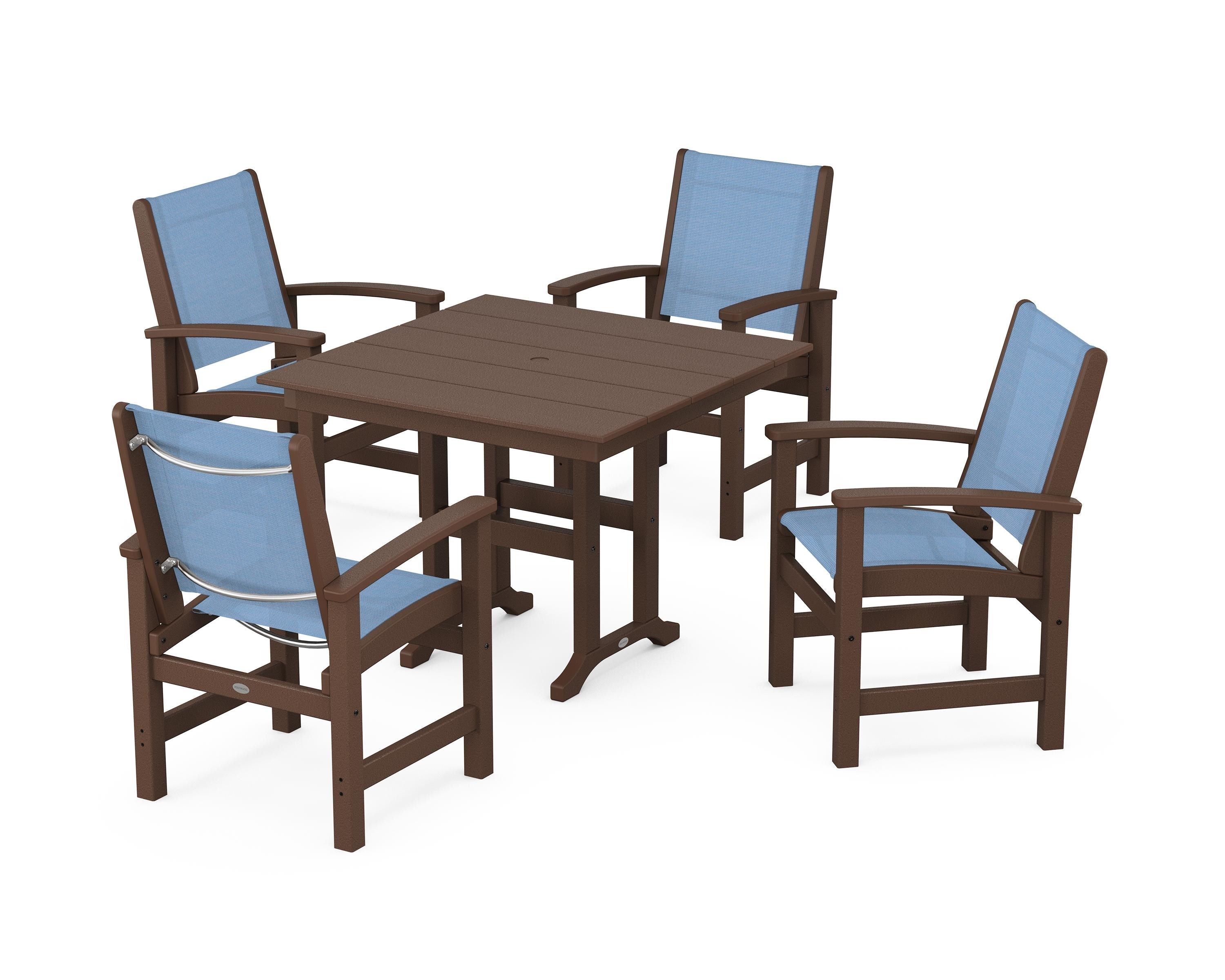 POLYWOOD® Coastal 5-Piece Farmhouse Dining Set in Mahogany / Poolside Sling