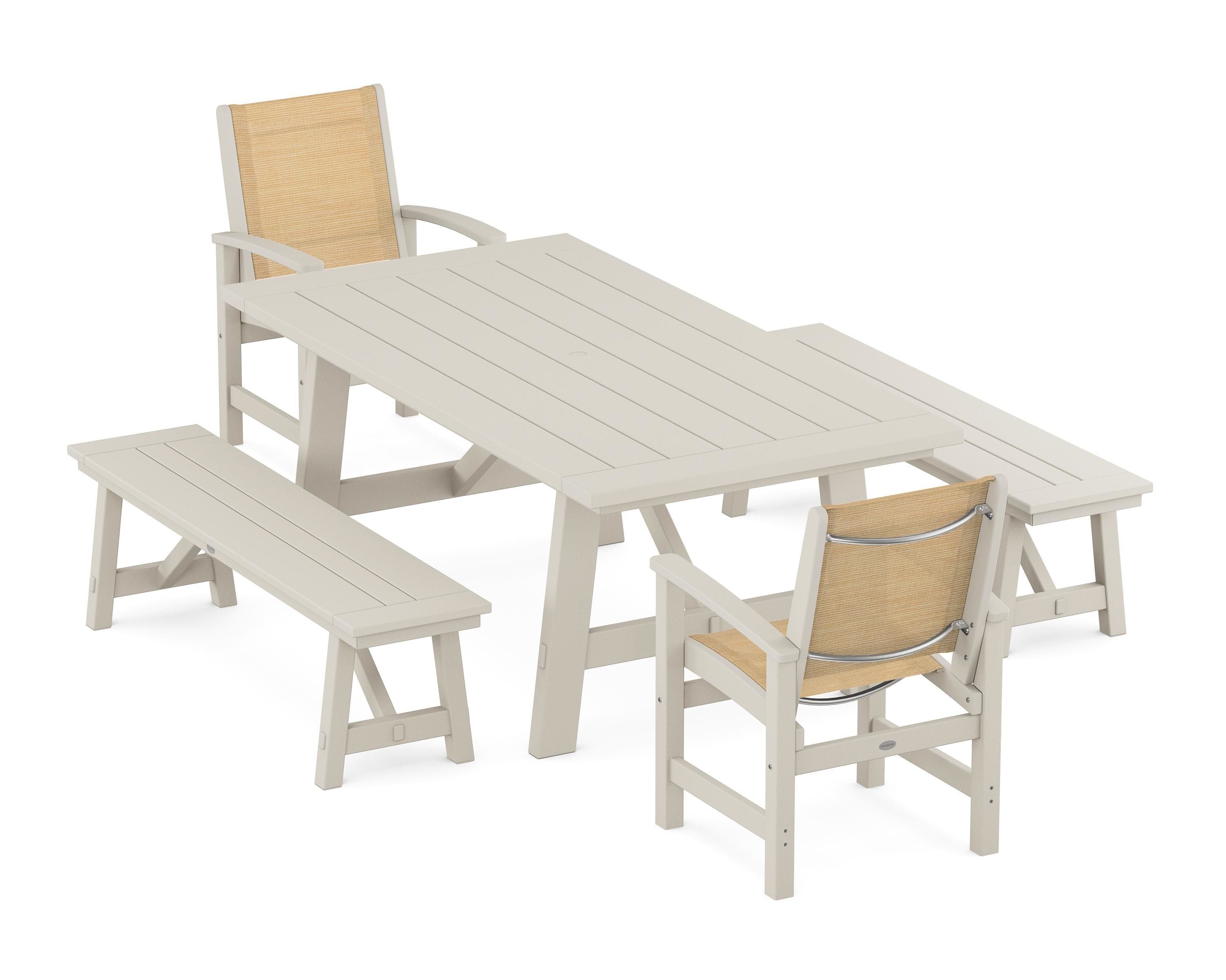 POLYWOOD® Coastal 5-Piece Rustic Farmhouse Dining Set With Benches in Sand / Dupioni Apricot Sling