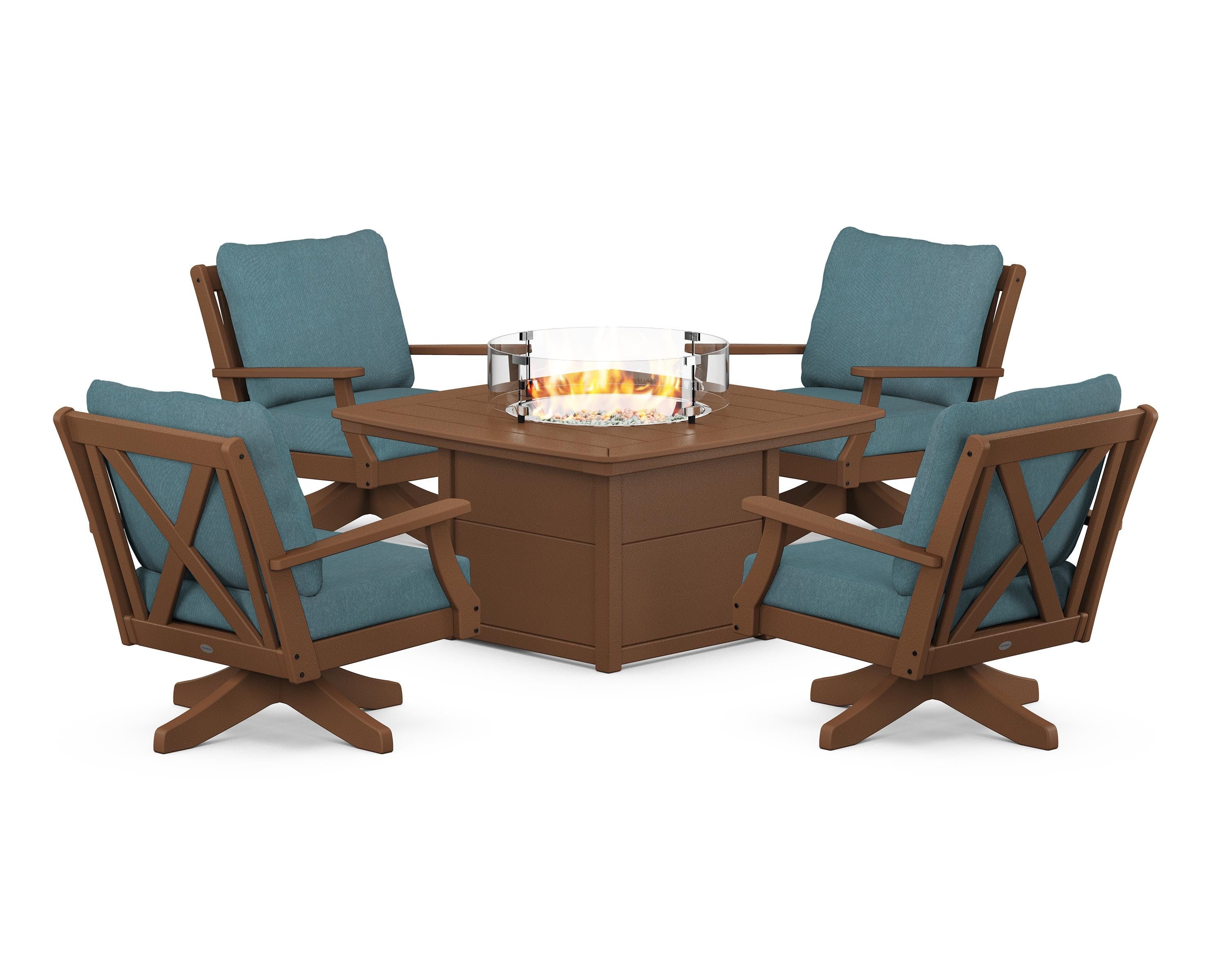 POLYWOOD® Braxton 5-Piece Deep Seating Swivel Conversation Set with Fire Pit Table in Teak / Ocean Teal