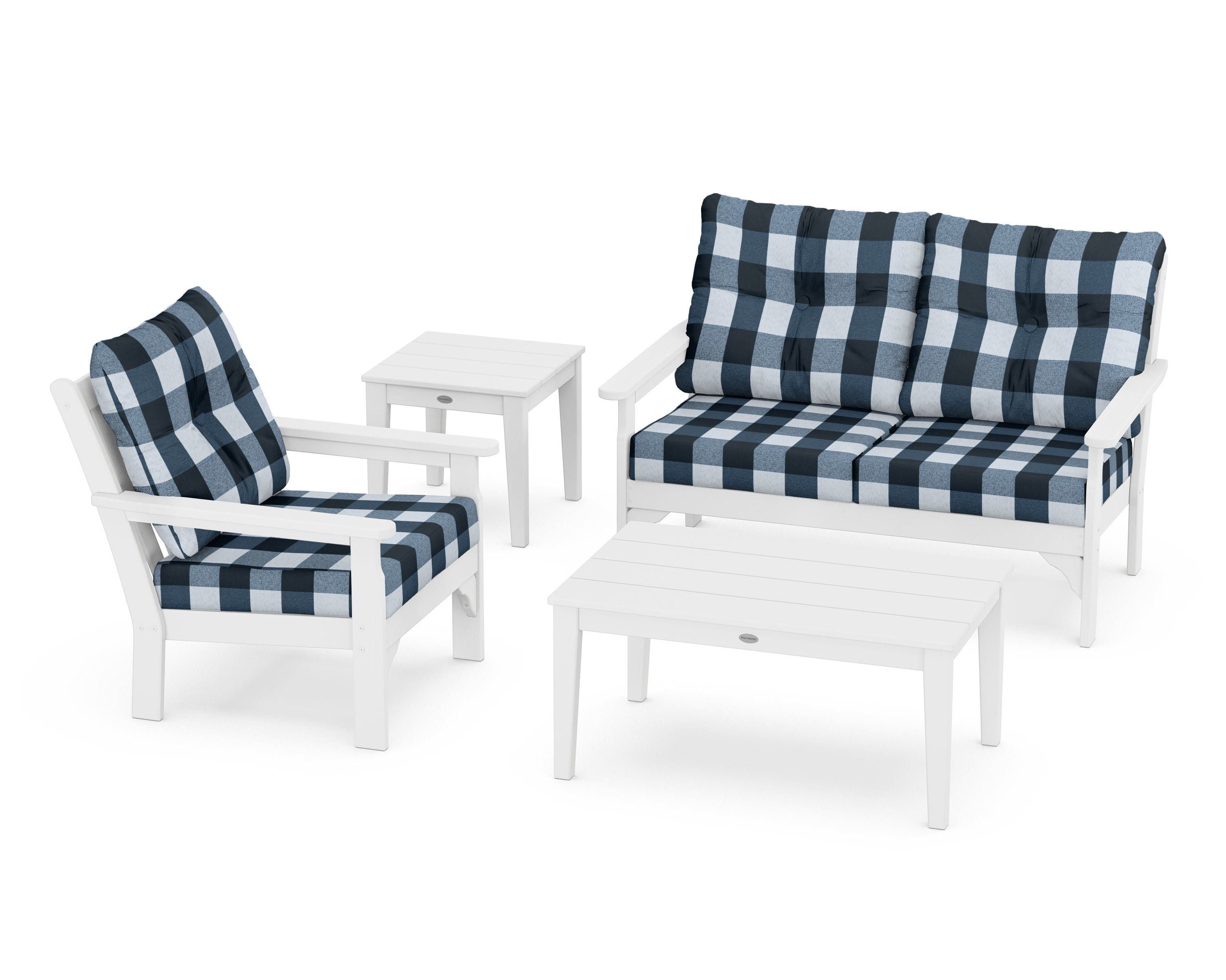 POLYWOOD® Vineyard 4-Piece Deep Seating Set in White / Buffalo Plaid Marine Indigo