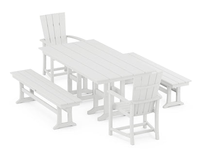 POLYWOOD® Quattro 5-Piece Farmhouse Dining Set with Benches in White