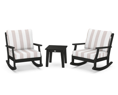 POLYWOOD® Braxton 3-Piece Deep Seating Rocker Set in Black / Cabana Stripe Dune Burlap