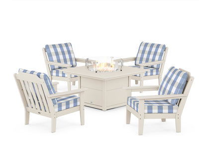 Country Living Cottage 5-Piece Deep Seating Set with Fire Pit Table in Sand / Buffalo Plaid Sky Blue