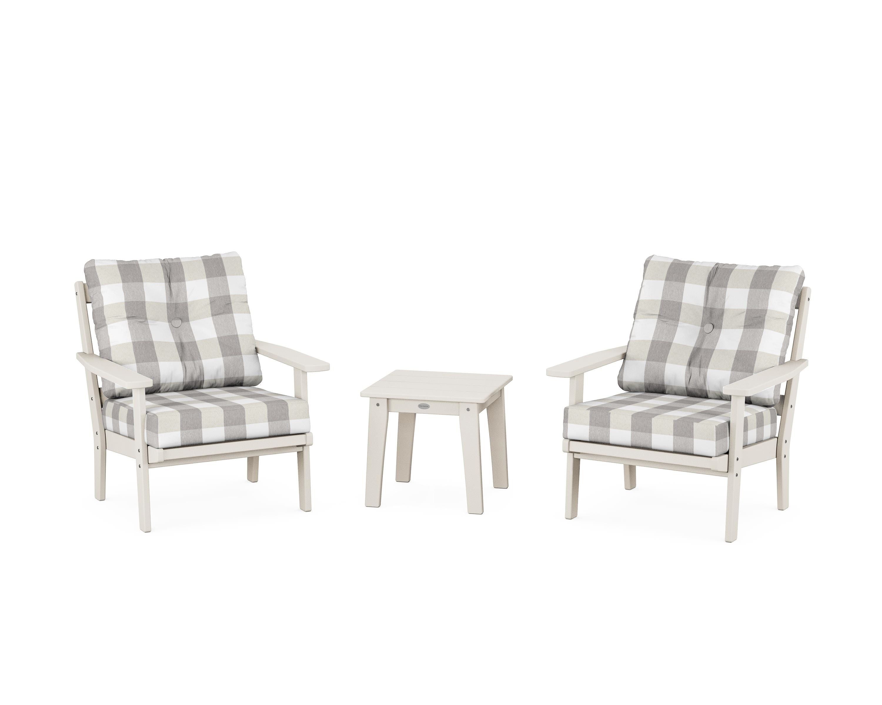 POLYWOOD® Oxford 3-Piece Deep Seating Set in Sand / Buffalo Plaid Grey Mist