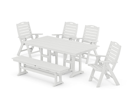 POLYWOOD® Nautical Highback 6-Piece Farmhouse Dining Set with Bench in White