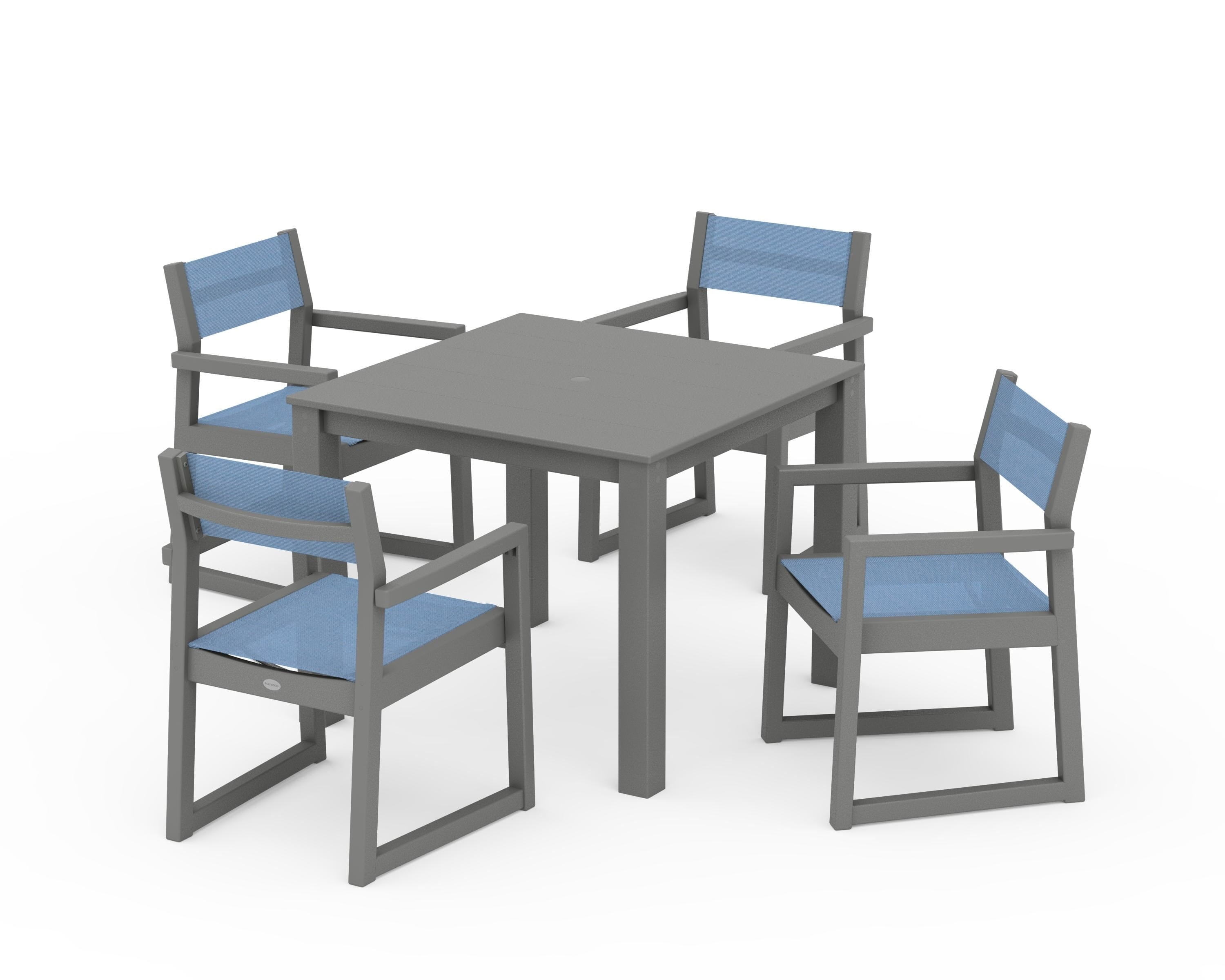 POLYWOOD® EDGE Sling Arm Chair 5-Piece Parsons Dining Set in Slate Grey / Poolside Sling
