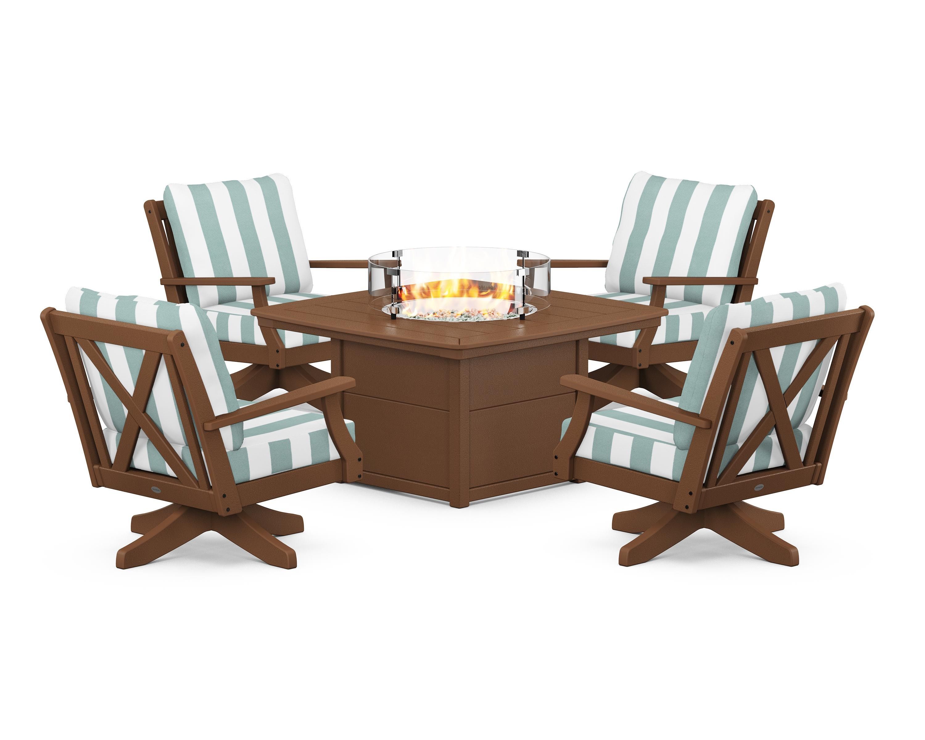 POLYWOOD® Braxton 5-Piece Deep Seating Swivel Conversation Set with Fire Pit Table in Teak / Cabana Stripe Glacier Spa