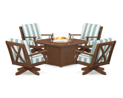 POLYWOOD® Braxton 5-Piece Deep Seating Swivel Conversation Set with Fire Pit Table in Teak / Cabana Stripe Glacier Spa
