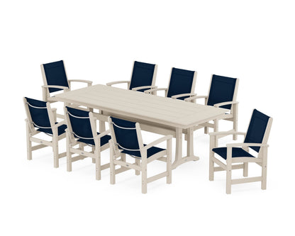 POLYWOOD® Coastal 9-Piece Farmhouse Dining Set with Trestle Legs in Sand / Navy Blue Sling