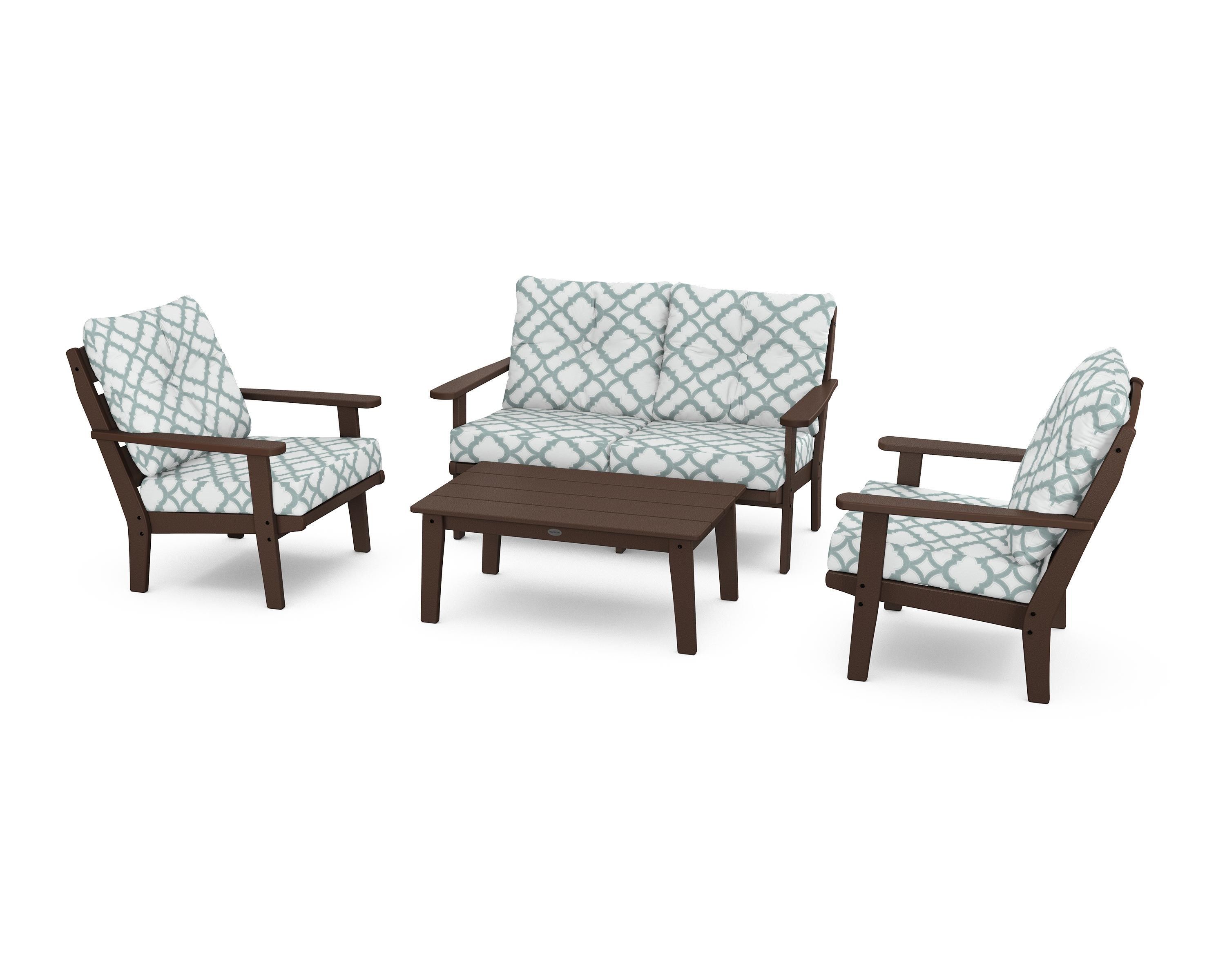 POLYWOOD® Lakeside 4-Piece Deep Seating Set in Mahogany / Trellis Glacier Spa