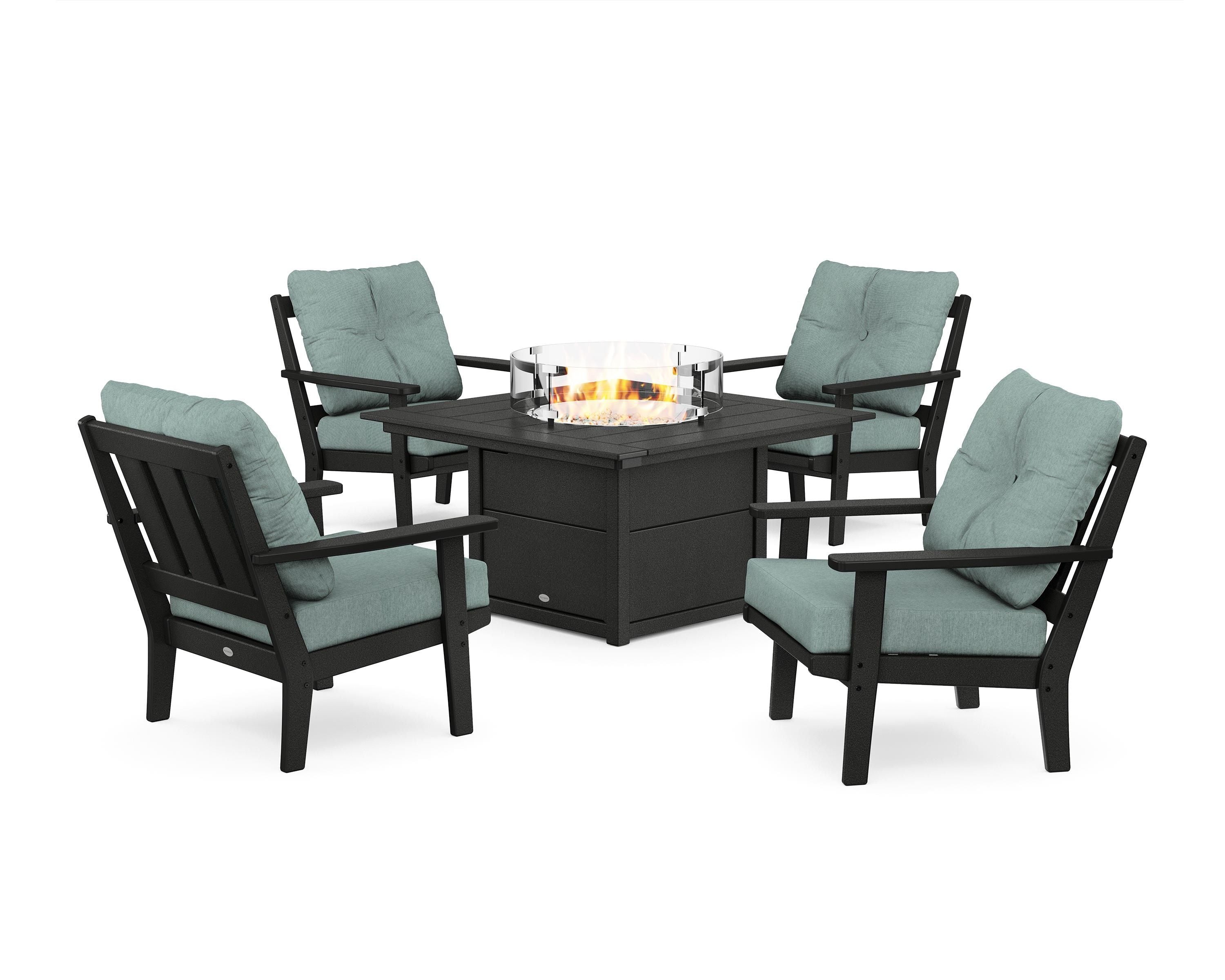 POLYWOOD® Oxford 5-Piece Deep Seating Set with Fire Pit Table in Black / Glacier Spa