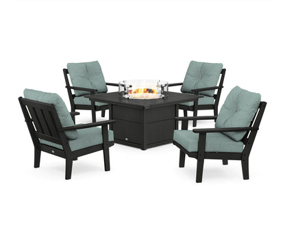 POLYWOOD® Oxford 5-Piece Deep Seating Set with Fire Pit Table in Black / Glacier Spa