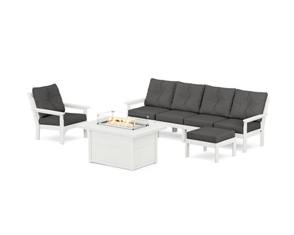POLYWOOD® Vineyard Sectional Lounge and Fire Pit Set in Vintage White / Spectrum Carbon