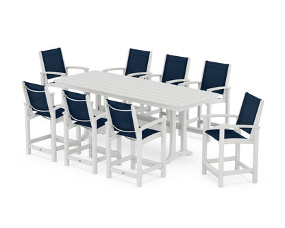 POLYWOOD® Coastal 9-Piece Counter Set with Trestle Legs in White / Navy Blue Sling