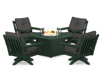 POLYWOOD® Vineyard 5-Piece Deep Seating Swivel Conversation Set with Fire Pit Table in Green / Spectrum Carbon