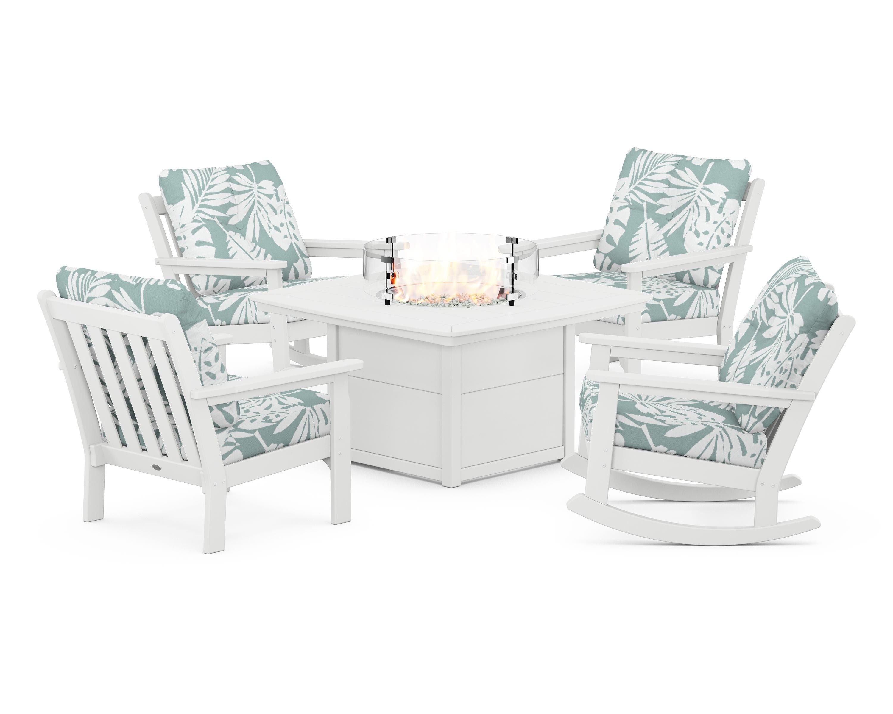 POLYWOOD® Vineyard 5-Piece Deep Seating Rocking Chair Conversation Set with Fire Pit Table in White / Leaf Glacier Spa