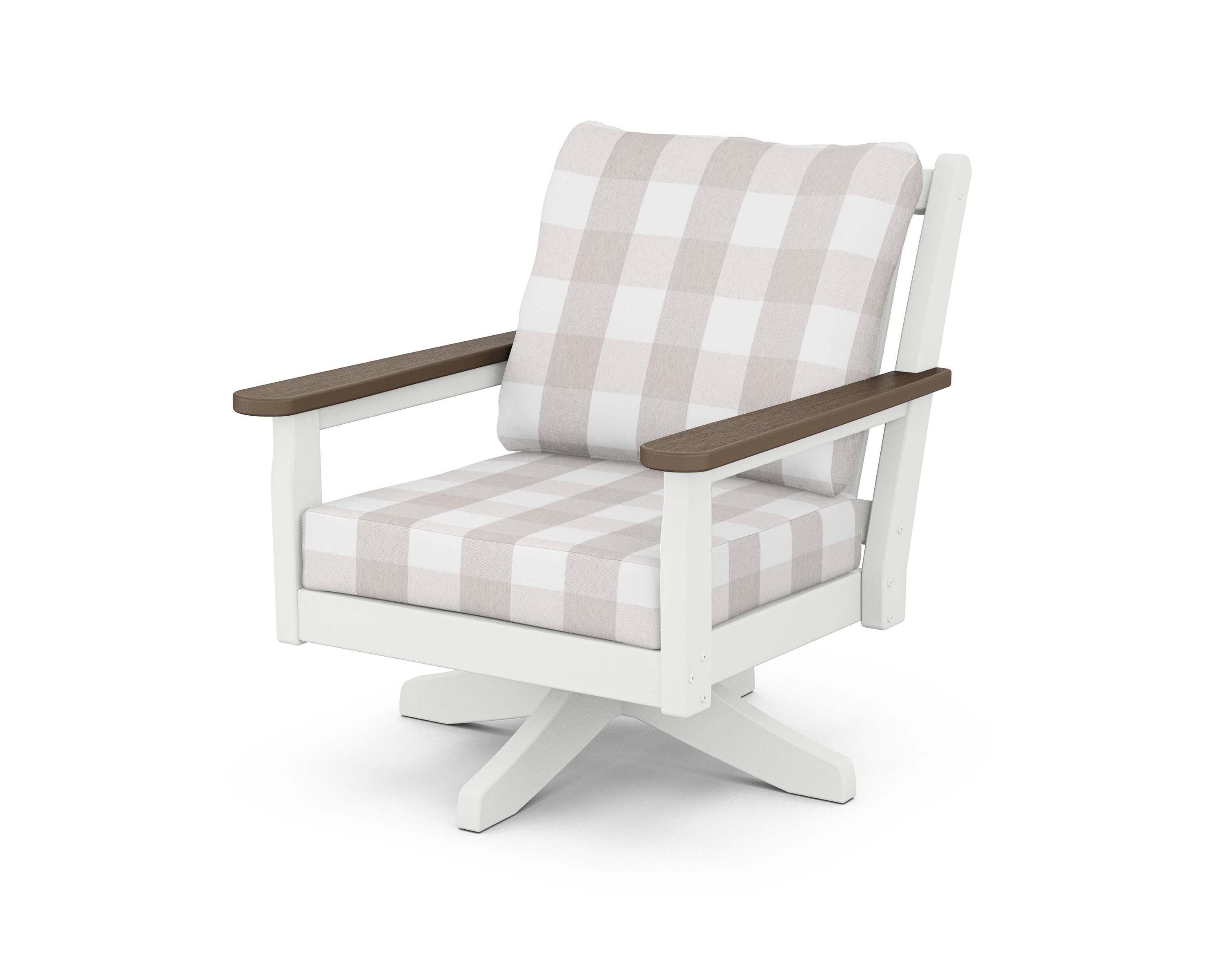POLYWOOD® Chippendale Deep Seating Swivel Chair in White / Kona / Buffalo Plaid Dune Burlap
