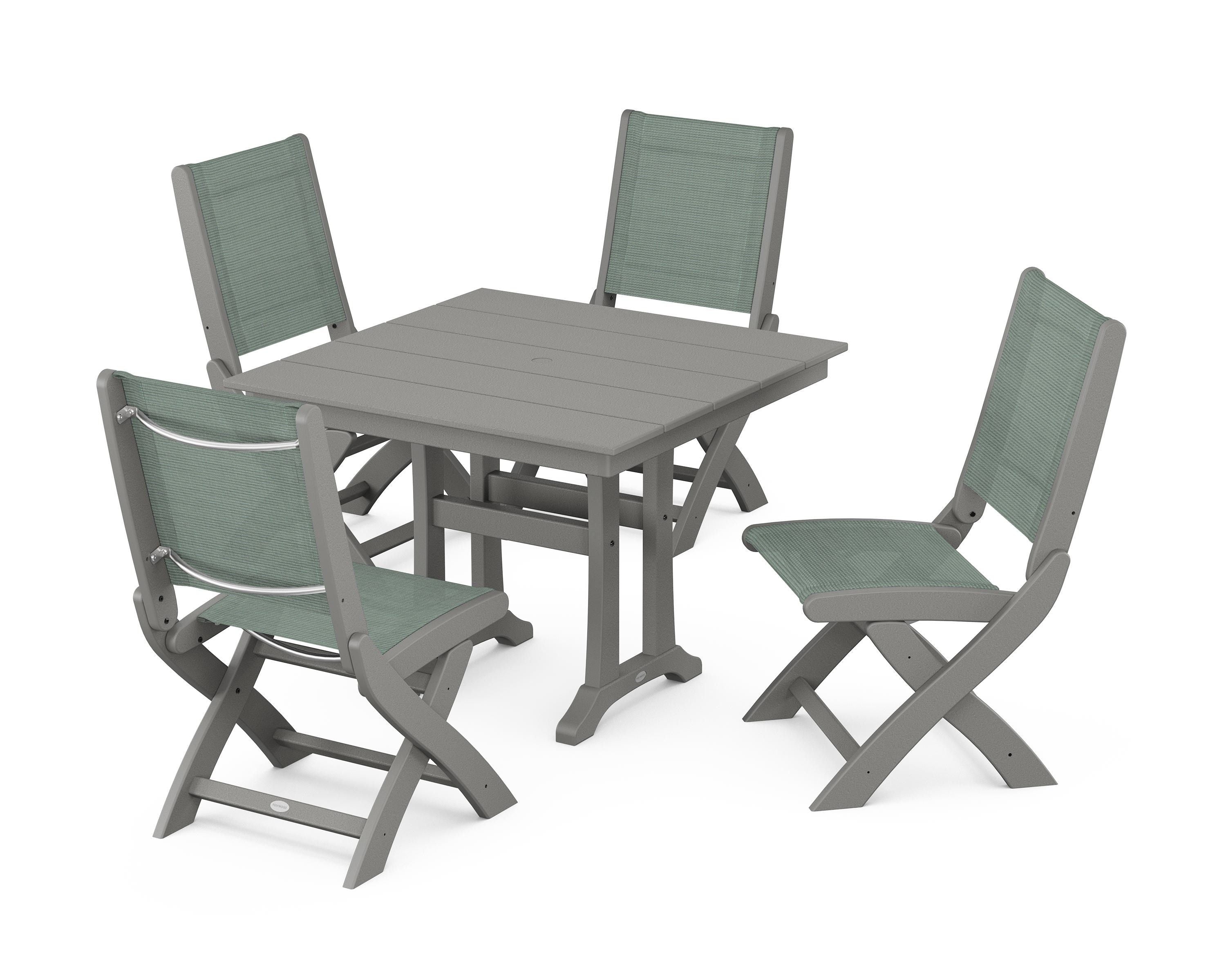 POLYWOOD® Coastal Folding Side Chair 5-Piece Farmhouse Dining Set With Trestle Legs in Slate Grey / Dupioni Sea Mist Sling