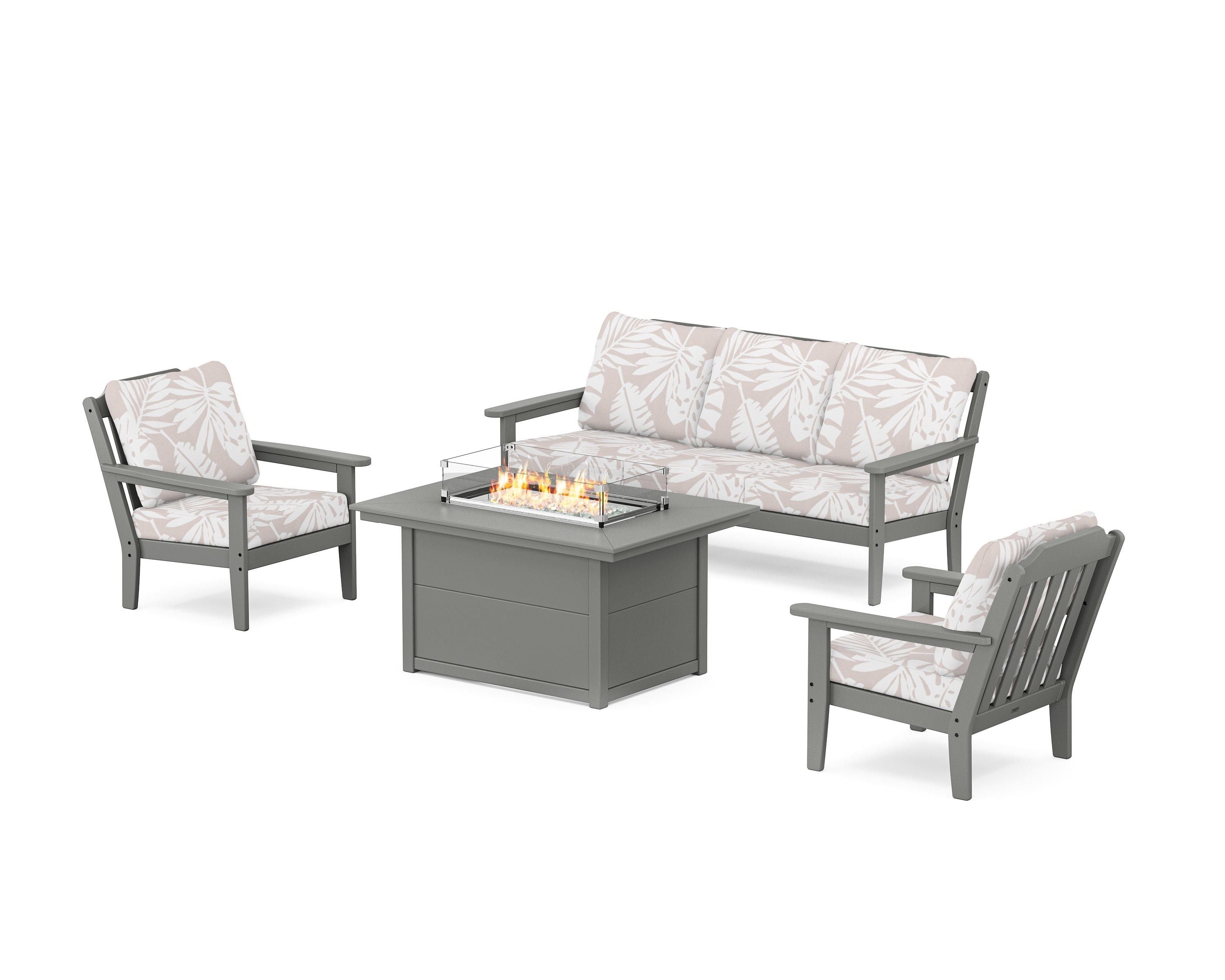 Country Living Cottage Deep Seating Fire Pit Table Set in Slate Grey / Leaf Dune Burlap