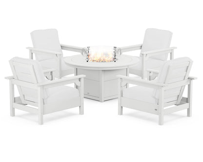 POLYWOOD® Club 5-Piece Conversation Set with Fire Pit Table in White / Natural