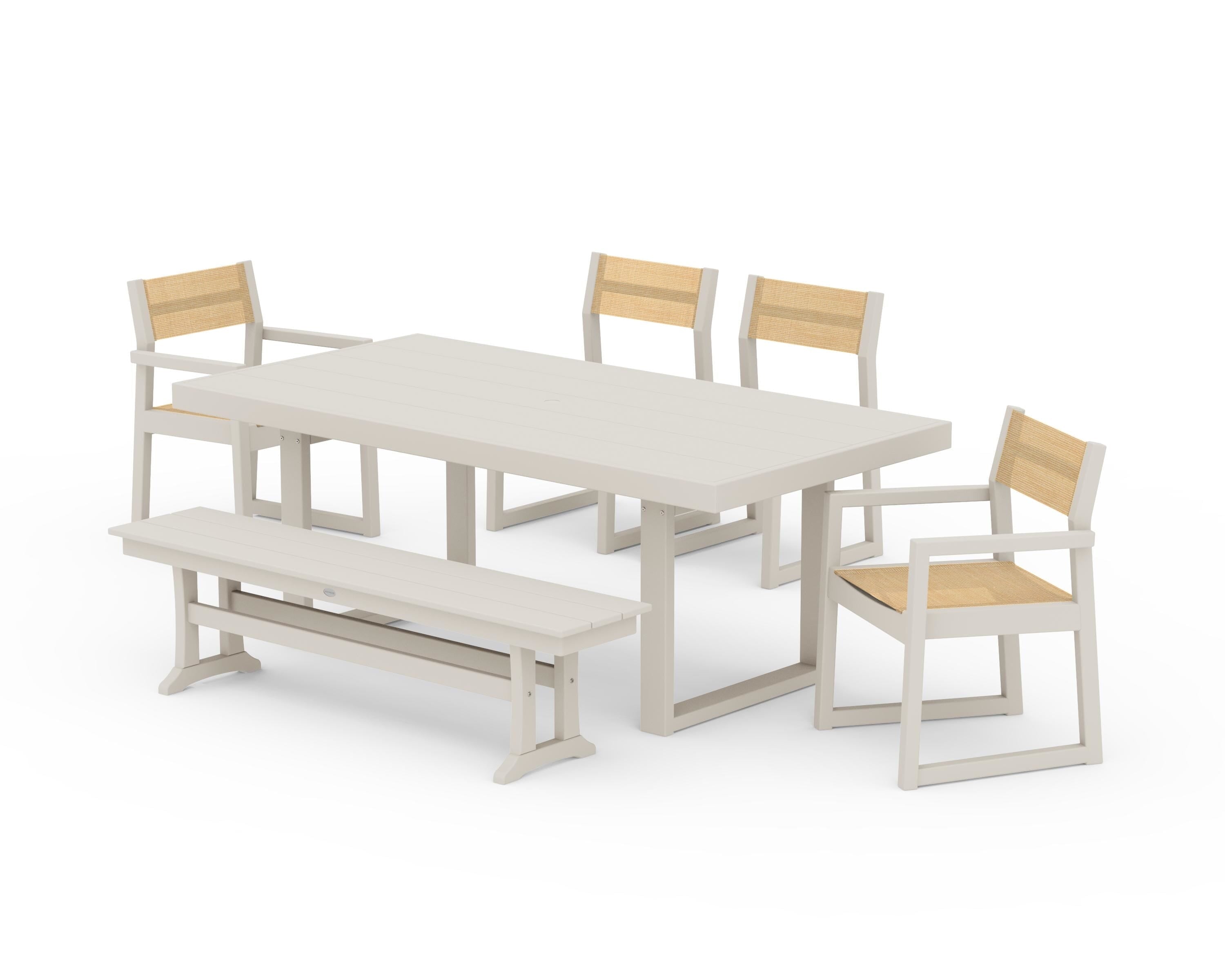 POLYWOOD® EDGE Sling 6-Piece Dining Set with Bench in Sand / Dupioni Apricot Sling