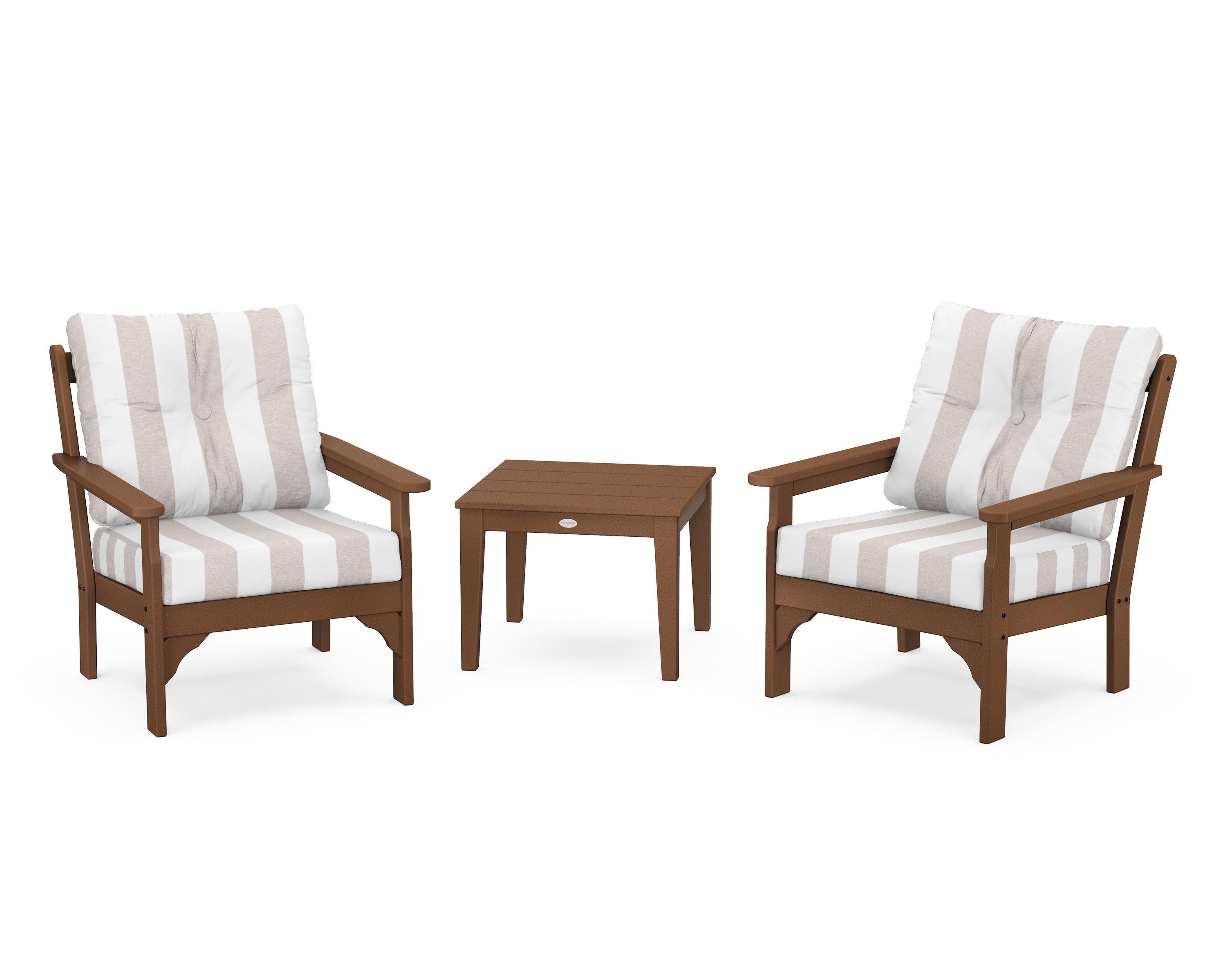 POLYWOOD® Vineyard 3-Piece Deep Seating Set in Teak / Cabana Stripe Dune Burlap