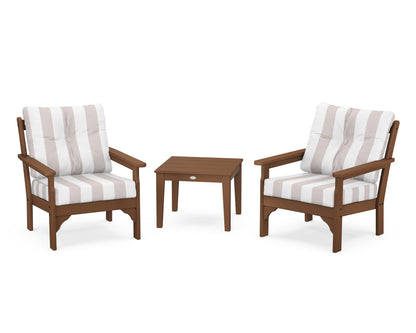 POLYWOOD® Vineyard 3-Piece Deep Seating Set in Teak / Cabana Stripe Dune Burlap