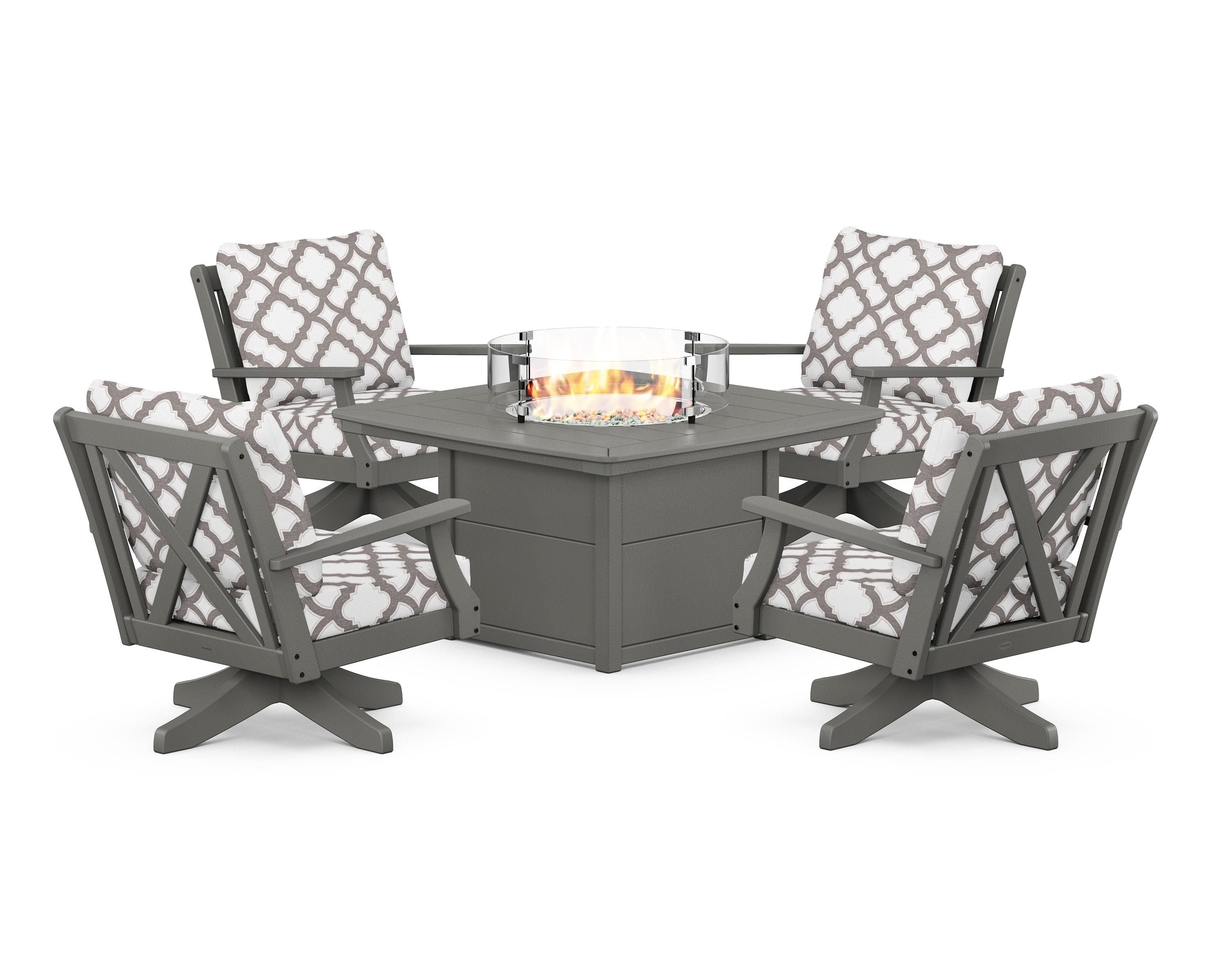 POLYWOOD® Braxton 5-Piece Deep Seating Swivel Conversation Set with Fire Pit Table in Slate Grey / Trellis Grey Mist