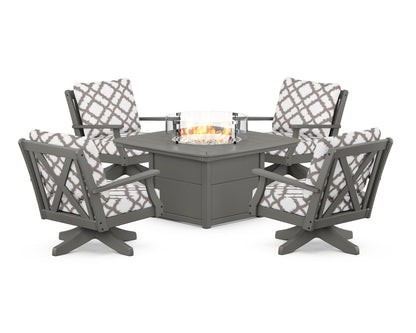 POLYWOOD® Braxton 5-Piece Deep Seating Swivel Conversation Set with Fire Pit Table in Slate Grey / Trellis Grey Mist