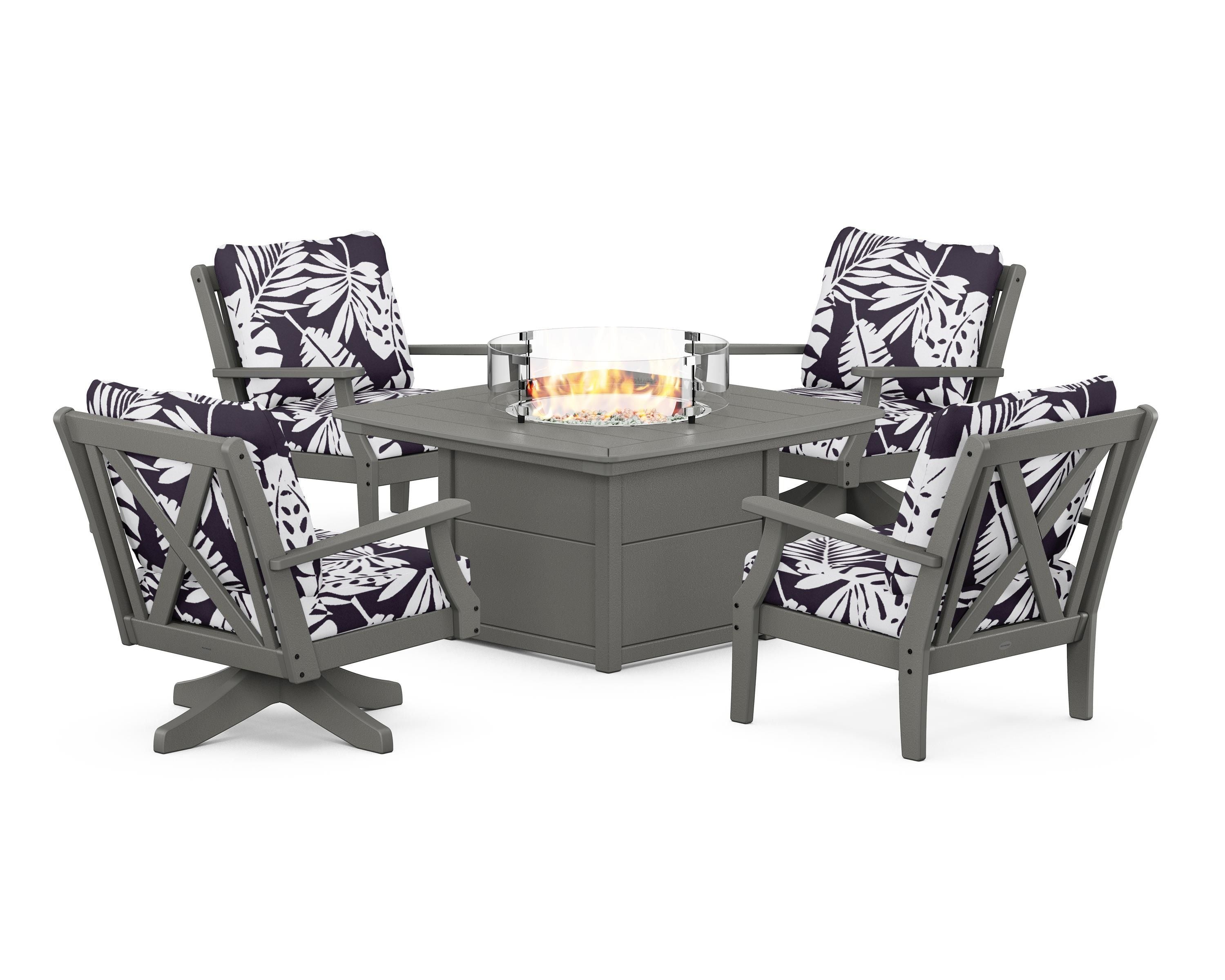 POLYWOOD® Braxton 5-Piece Deep Seating Set with Fire Table in Slate Grey / Leaf Navy