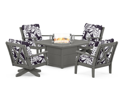 POLYWOOD® Braxton 5-Piece Deep Seating Set with Fire Table in Slate Grey / Leaf Navy