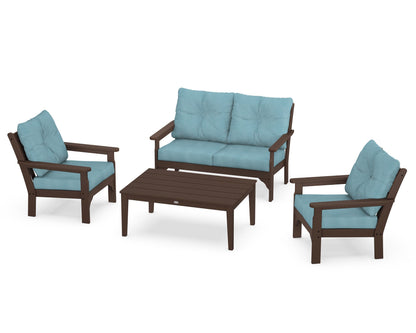 POLYWOOD® Vineyard 4-Piece Deep Seating Set in Mahogany / Lattice Sky Blue