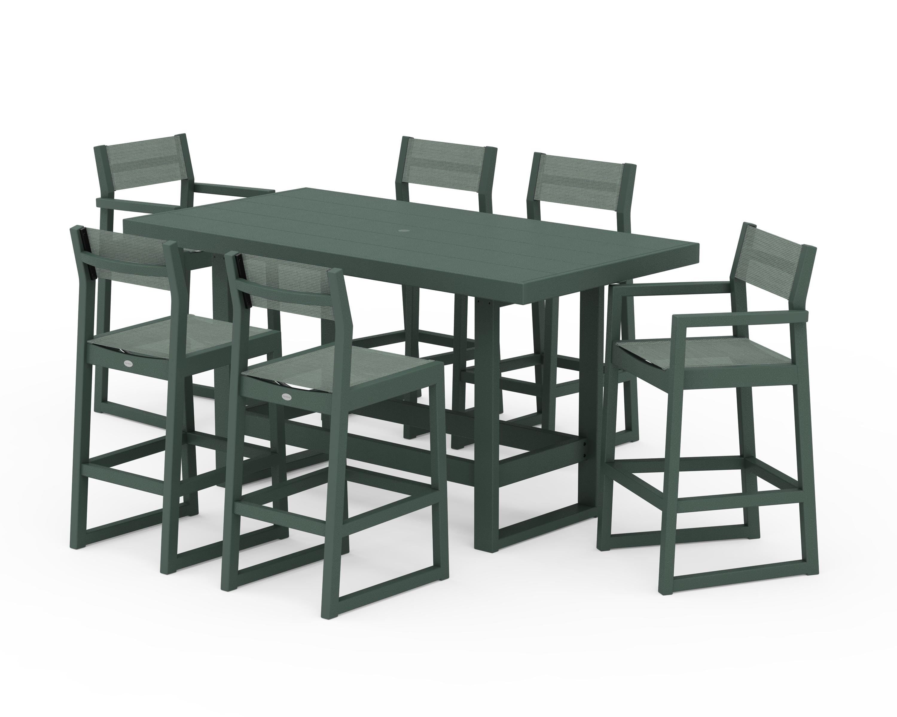 POLYWOOD® EDGE Sling 7-Piece Bar Table Set in Green / Dupioni Sea Mist Sling