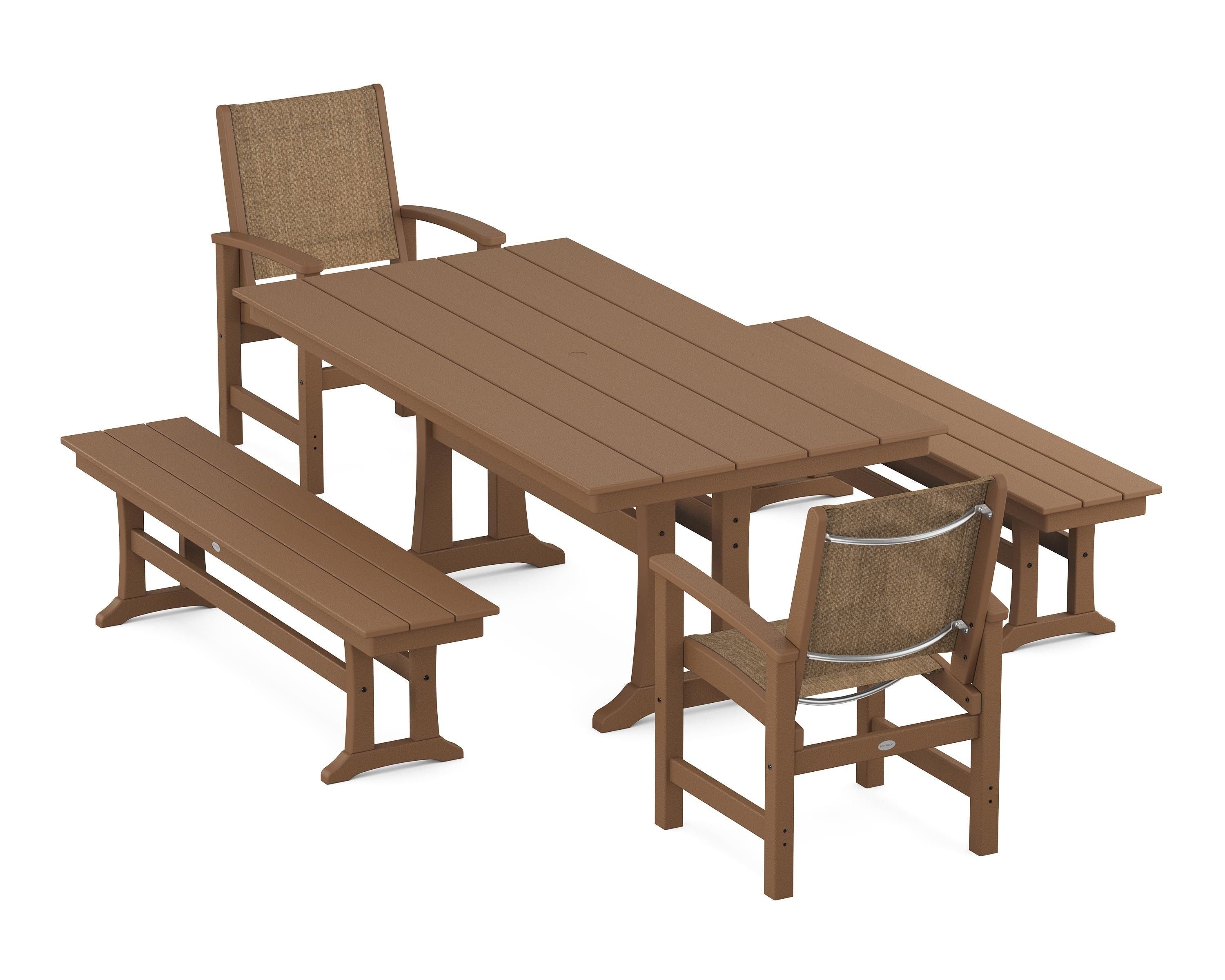 POLYWOOD® Coastal 5-Piece Farmhouse Dining Set with Trestle Legs and Benches in Teak / Burlap Sling