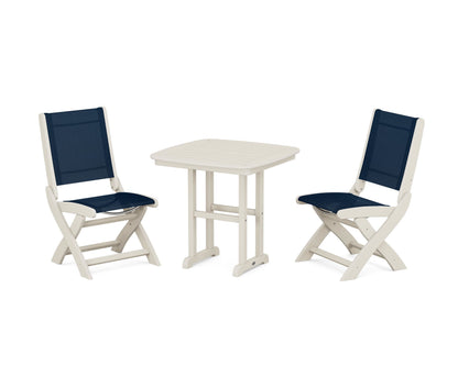 POLYWOOD® Coastal Folding Side Chair 3-Piece Dining Set in Sand / Navy Blue Sling