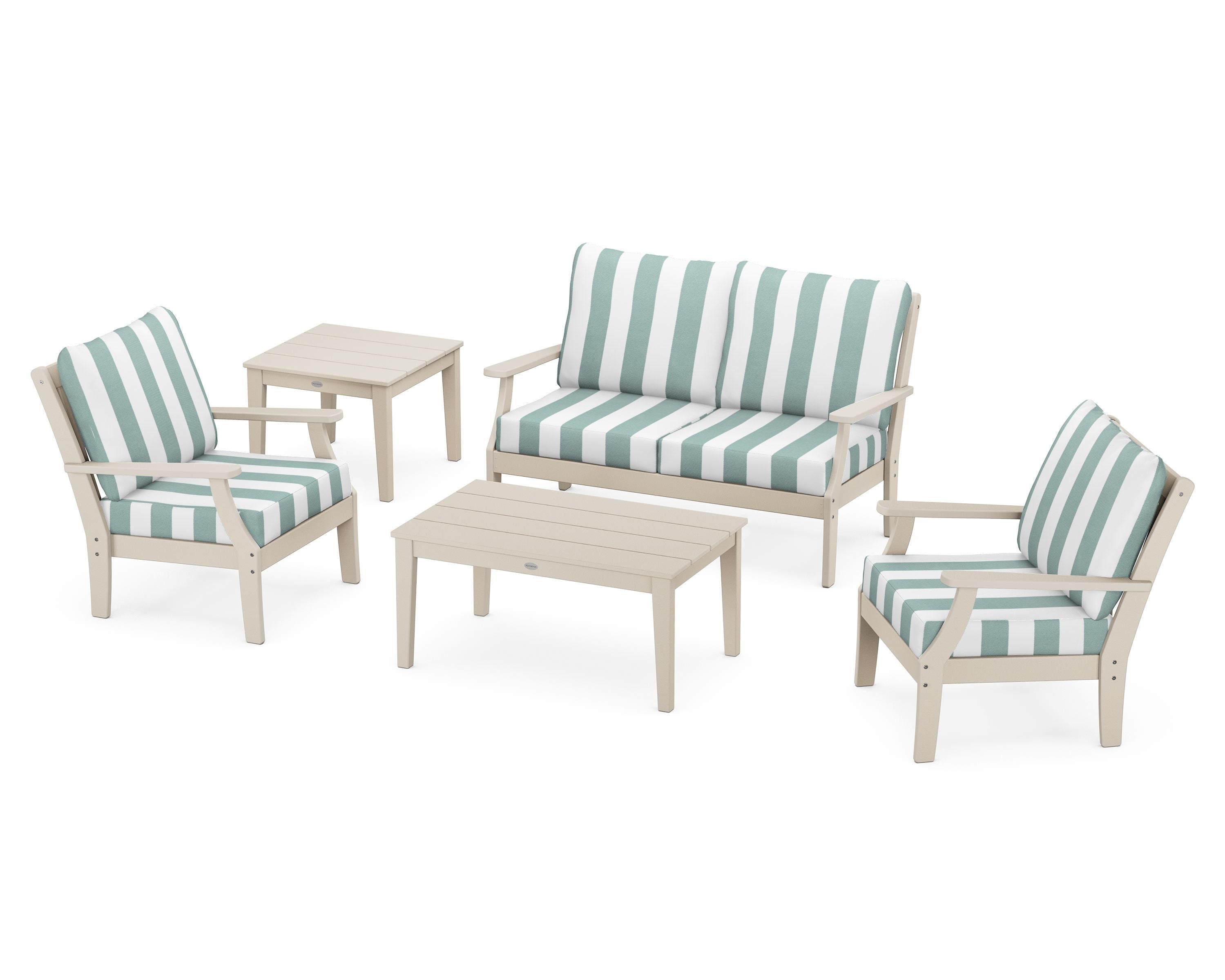 POLYWOOD® Braxton 5-Piece Deep Seating Set in Sand / Cabana Stripe Glacier Spa