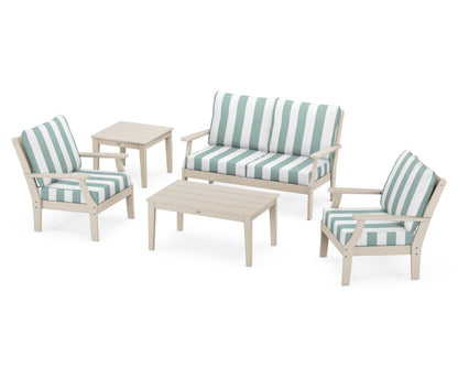 POLYWOOD® Braxton 5-Piece Deep Seating Set in Sand / Cabana Stripe Glacier Spa