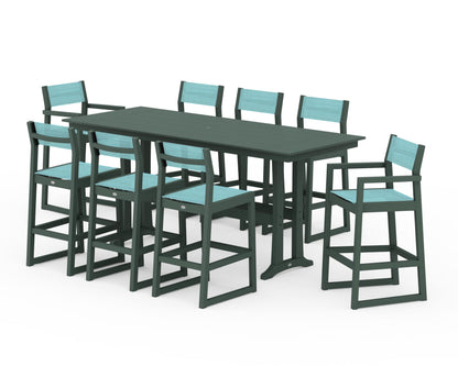 POLYWOOD® EDGE Sling 9-Piece Farmhouse Bar Set with Trestle Legs in Green / Dupioni Aquamarine Sling